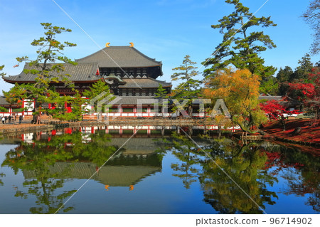 [奈良縣]紅葉中的東大寺中門和大佛殿 96714902
