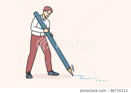 Happy man with huge pencil drawing  96716112