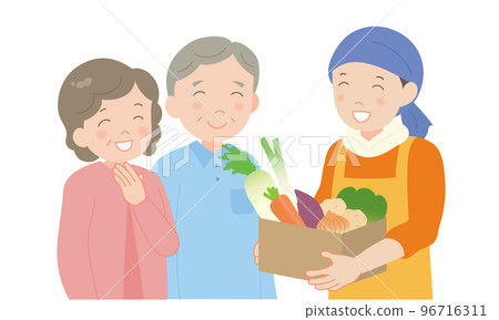A man and a senior couple with cardboard of winter vegetables A man and a senior couple with cardboard of winter vegetables 96716311