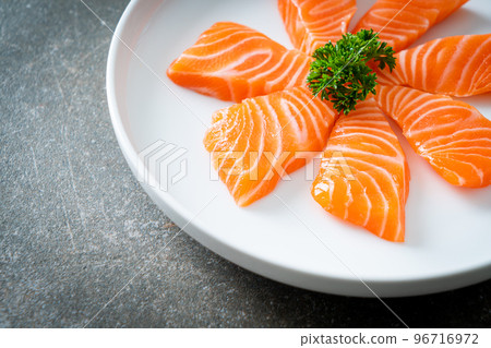 Fresh Salmon Raw Sashimi on plate 96716972