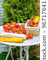 Fresh vegetables on the table in the garden. Harvest of zucchini tomatoes and peppers. Healthy food concept, vegan food 96717641