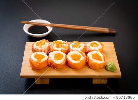 fresh salmon sushi roll with mayonnaise and shrimp egg fresh salmon sushi roll with mayonnaise and shrimp egg 96718060
