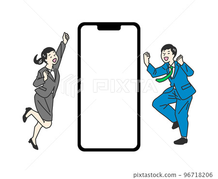 Simple touch image illustration material of men and women in business suits introducing smartphone apps 96718206