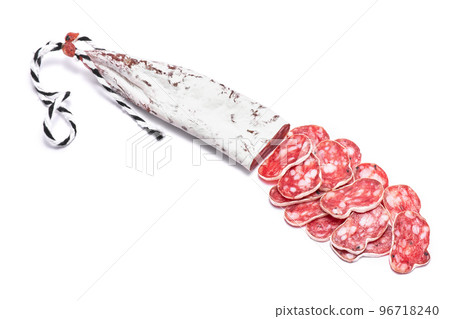 Spanish Fuet thin dried salami sausage isolated on a white background Spanish Fuet thin dried salami sausage isolated on a white background 96718240