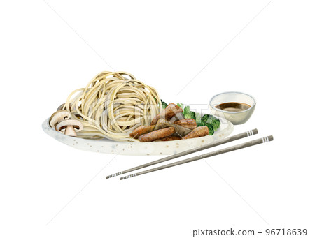 Chinese noodles with beef meat, vegetables. Chopsticks and small bowl with sauce. Watercolor illustration of Asian food 96718639