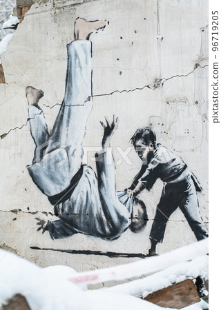 Ukraine, Borodyanka - Banksy graffiti on the wall Ukraine, Borodyanka - Banksy graffiti on the wall 96719205