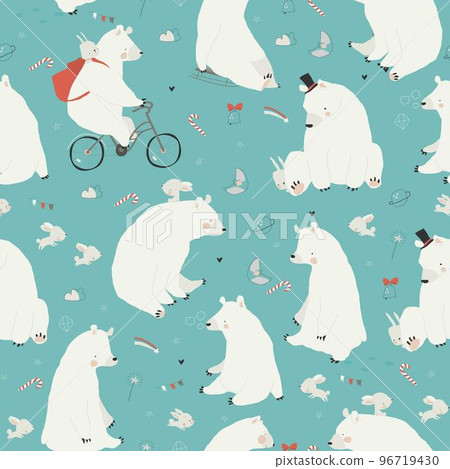 Seamless Pattern with Cute Polar Bears and Rabbits enjoying Winter 96719430