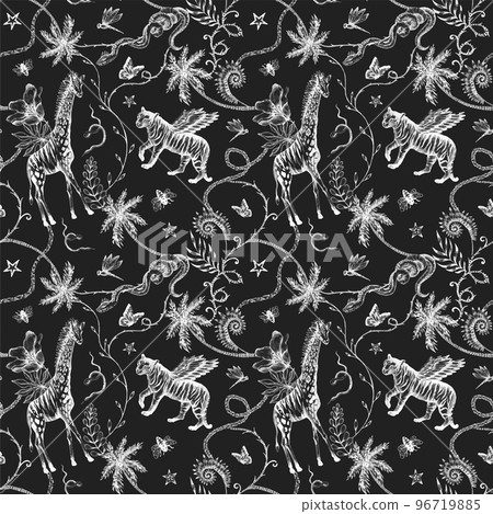 Beautiful vector trendy seamless pattern with hand drawn chimera animals birds insects and fantasy plants. Stock fashionable textile illustration. Beautiful vector trendy seamless pattern with hand drawn chimera animals birds insects and fantasy plants. Stock fashionable textile illustration. 96719885