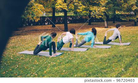 Girls in trendy sportswear are exercising in city park moving from one position into another on yoga mats. Green and yellow grass and autumn trees are visible in park. 96720403