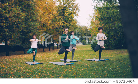 Beautiful girls in sportswear are practising yoga doing variations of Tree position then moving into Chair pose Utkatasana. Young people, nature and recreation concept. 96720404