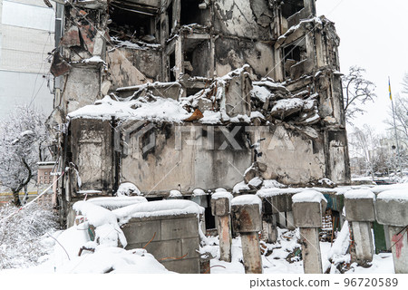 Wall of a destroyed building with Banksy graffiti in Borodyanka, Ukraine Wall of a destroyed building with Banksy graffiti in Borodyanka, Ukraine 96720589