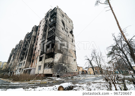 Irpin, Ukraine - Banksy graffiti on the wall of a destroyed house Irpin, Ukraine - Banksy graffiti on the wall of a destroyed house 96720667
