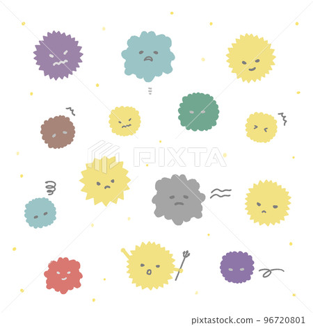 A set of hand-drawn viruses, fungi, pollen, and house dust with various expressions - image of infectious disease, disease, allergy 96720801