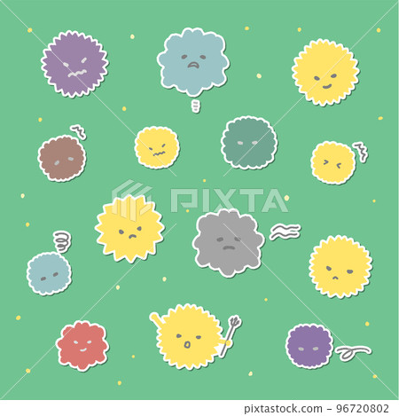 手繪病毒、真菌、花粉、屋塵貼紙風格插圖集各種表達方式-傳染病/疾病 96720802