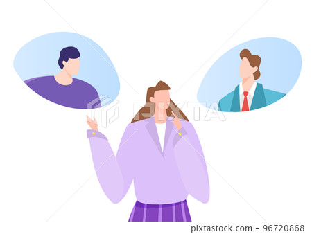 Woman character chooses different boyfriend, concept lovely pair female select male flat vector illustration, isolated on white. Woman character chooses different boyfriend, concept lovely pair female select male flat vector illustration, isolated on white. 96720868