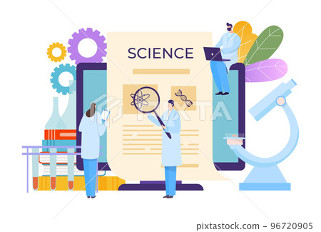 Modern tiny character professional research specialist hold magnifying glass, associate scientist flat vector illustration, isolated on white. Modern tiny character professional research specialist hold magnifying glass, associate scientist flat vector illustration, isolated on white. 96720905