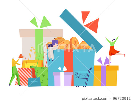 Fashion shop reward program, boutique promotion system gift, tiny character sitting on gift box flat vector illustration, isolated on white. 96720911