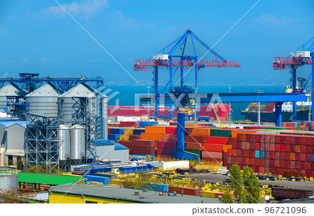 industrial seaport infrastructure, commercial dock and container warehouse, sea, cranes and cargo ship, concept of sea cargo transportation 96721096