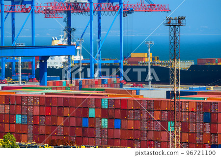 industrial seaport infrastructure, commercial dock and container warehouse, sea, cranes and cargo ship, concept of sea cargo transportation 96721100