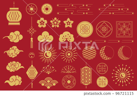 Chinese elements and ornates isolated set in flat design. Bundle of asian gold traditional and symbols to holiday, lanterns, clouds, flowers, frames, knots, rosettes and other. Vector illustration. Chinese elements and ornates isolated set in flat design. Bundle of asian gold traditional and symbols to holiday, lanterns, clouds, flowers, frames, knots, rosettes and other. Vector illustration. 96721115