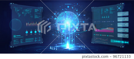 Futuristic cyberspace with dashboard elements HUD. 3D Earth Globe hologram 96721133