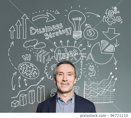 Pensive serious  man with question marks and light bulbs above her head. Idea, brainstorming 96721210