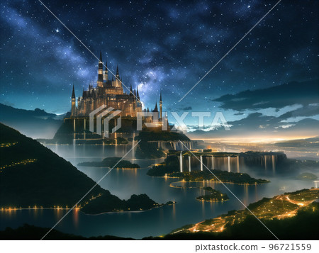 It is a scenery of a castle built on the water of another world. 96721559