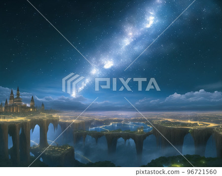 這是一個在另一個世界有城堡的風景，有著美麗的星空。 96721560