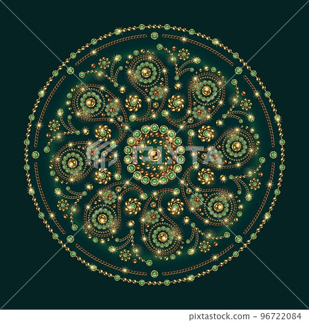 Jewellery luxury mandala with paisley motifs Round ornament made of gold jewelry chains, green gems, rhinestones, ball beads in vintage style. For prints, poster, cover, textile, surface design Jewellery luxury mandala with paisley motifs Round ornament made of gold jewelry chains, green gems, rhinestones, ball beads in vintage style. For prints, poster, cover, textile, surface design 96722084