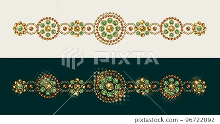 Baroque border motif like bracelet. Ornament made made of gold jewelry chains, green gems, rhinestones, ball beads in vintage style. Vector illustration on white, green background. 96722092