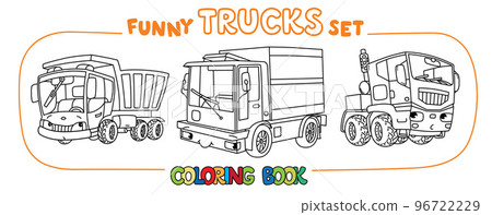 Funny small trucks with eyes. Coloring book set 96722229