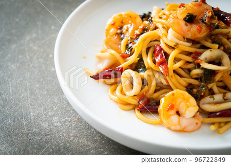 spicy spaghetti seafood on plate spicy spaghetti seafood on plate 96722849