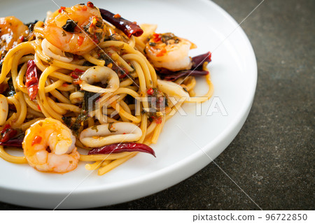 spicy spaghetti seafood on plate spicy spaghetti seafood on plate 96722850