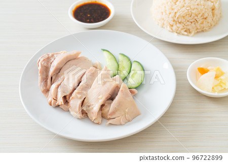 Hainanese chicken rice or rice steamed with chicken soup Hainanese chicken rice or rice steamed with chicken soup 96722899