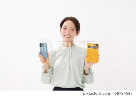 Calculator woman smartphone white background 96724525