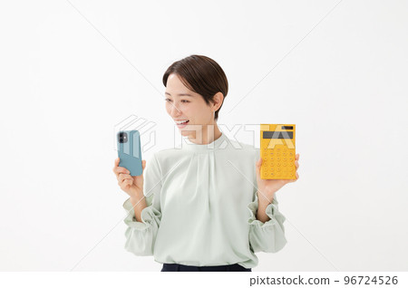 Calculator woman smartphone white background 96724526