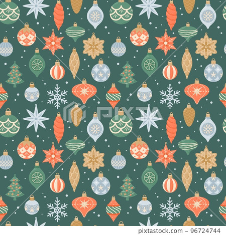 Merry Christmas, seamless pattern with cute vintage hanging decorations. Vector illustration in flat cartoon style Merry Christmas, seamless pattern with cute vintage hanging decorations. Vector illustration in flat cartoon style 96724744