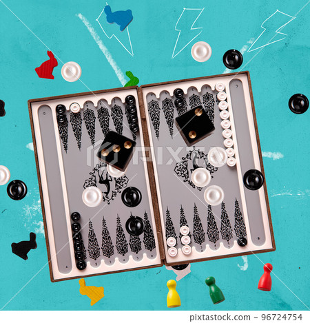 Contemporary art collage. Creative design. Popular game of backgammon. Online gambling games. Luck and chance 96724754