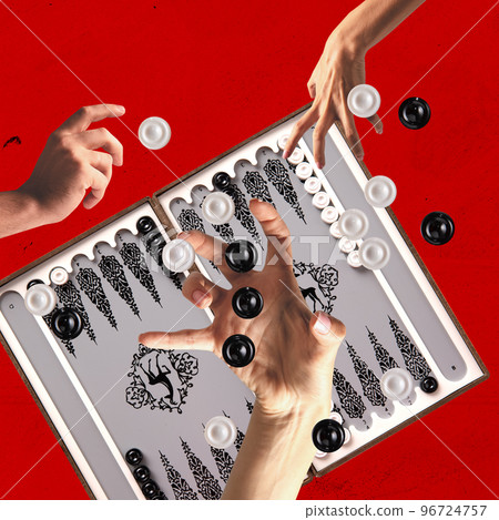 Contemporary art collage. Creative design. Popular game of backgammon. Online gambling games Contemporary art collage. Creative design. Popular game of backgammon. Online gambling games 96724757