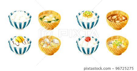 一套米飯和味噌湯日本手繪水彩插圖 96725275
