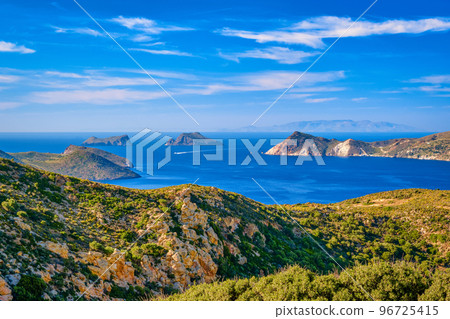 Beautiful landscape, islets in bay, rich greenery, sunny summer day, Greek island, Mediterranean sea, travel and vacation 96725415
