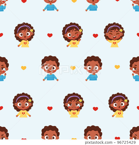 Seamless childrens pattern. Cute black boy and girl in flat cartoon style with different emotions - joy, happiness, anger and tears on light blue background. Vector illustration. Cute kids collection. Seamless childrens pattern. Cute black boy and girl in flat cartoon style with different emotions - joy, happiness, anger and tears on light blue background. Vector illustration. Cute kids collection. 96725429