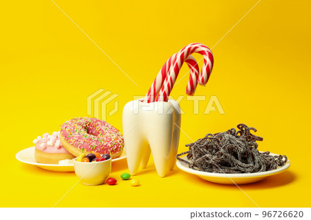 Concept of food bad for teeth, dental care concept Concept of food bad for teeth, dental care concept 96726620