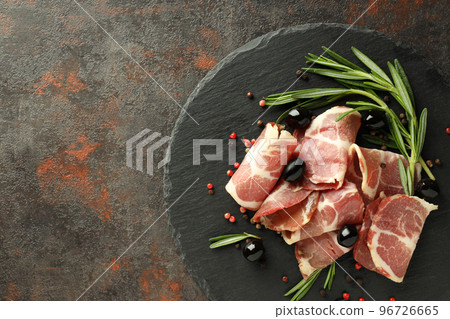 Concept of delicious Spanish cuisine - jamon, space for text Concept of delicious Spanish cuisine - jamon, space for text 96726665