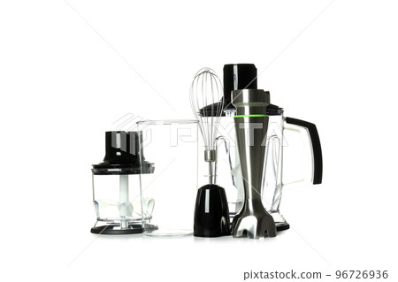 Concept of cooking accessories with blender, isolated on white background 96726936