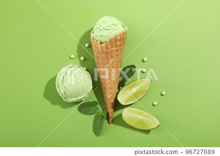Lime and mint ice cream on green background Lime and mint ice cream on green background 96727089