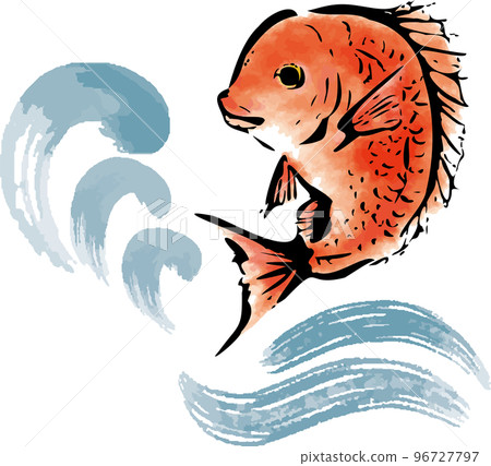 水墨畫海鯛和波浪的日式插圖 96727797