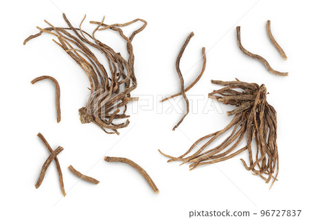 Dried Valerian root isolated on white background. Valeriana officinalis with full depth of field. Top view. Flat lay 96727837
