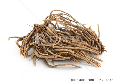 Dried Valerian root isolated on white background. Valeriana officinalis with full depth of field. 96727838