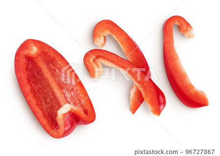 slices of red sweet bell pepper isolated on white background. Top view. Flat lay slices of red sweet bell pepper isolated on white background. Top view. Flat lay 96727867